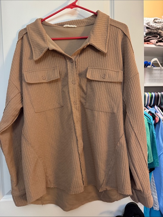 new in Tops - Textured Button-Front Overshirt in Camel-Tan